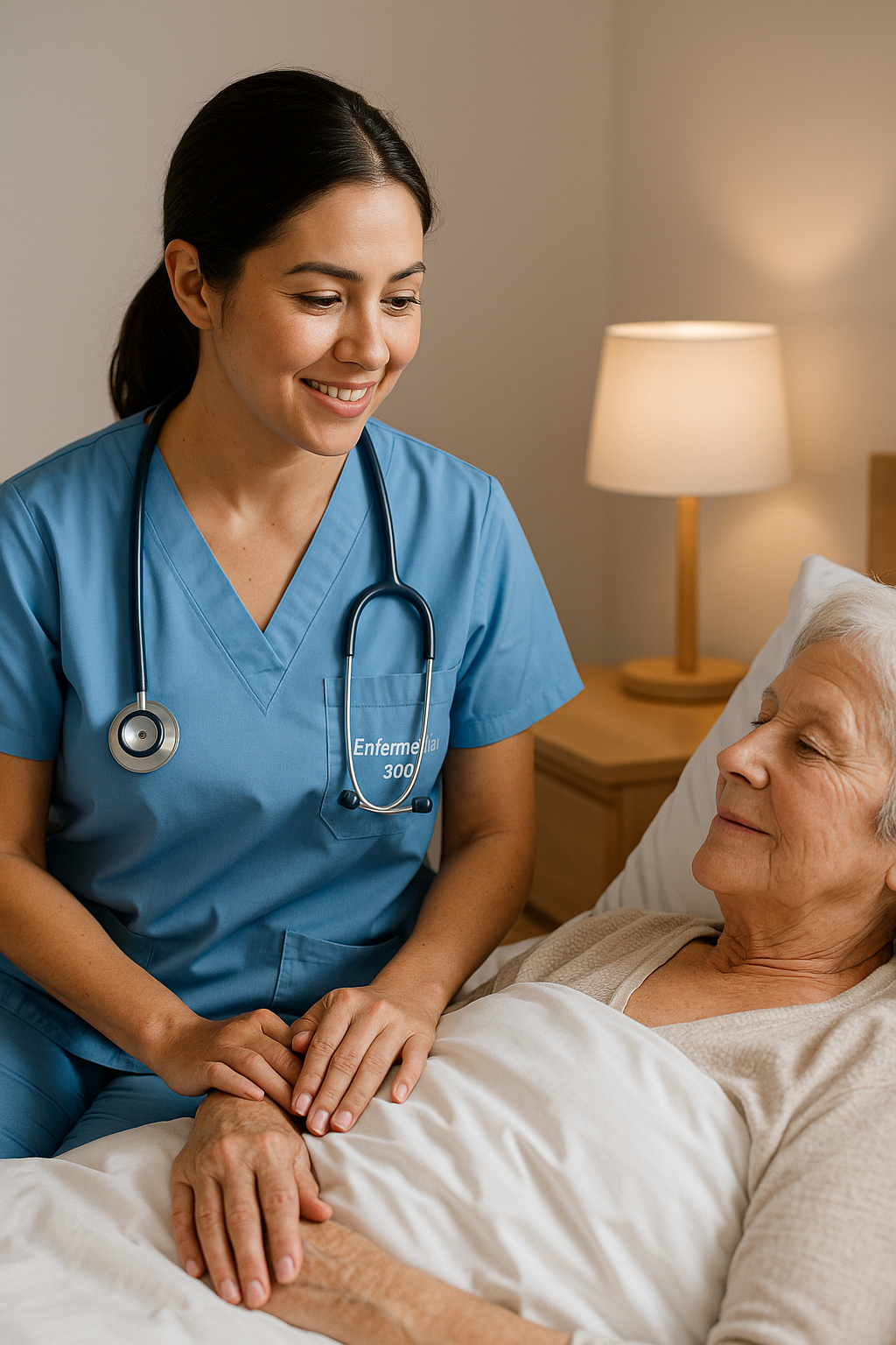 Enfermera cuidando paciente mayor